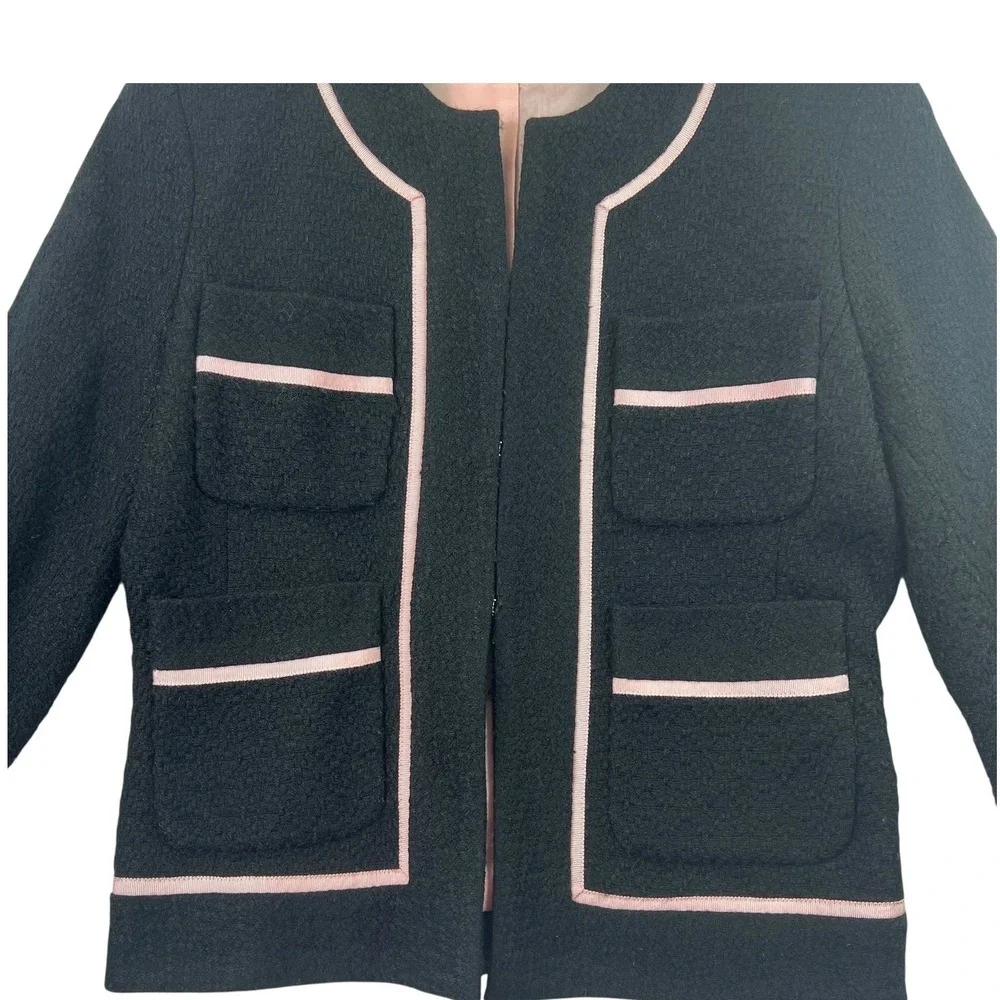 CO-OP Cropped Jacket Womens Tweed Textured Ribbon Trim Black Pink Chic Size M‎